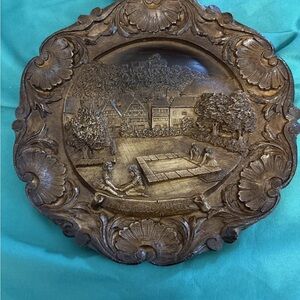 Vintage Collectible Carved 3-D Wood Hanging Landstuhl Germany Plate 9”